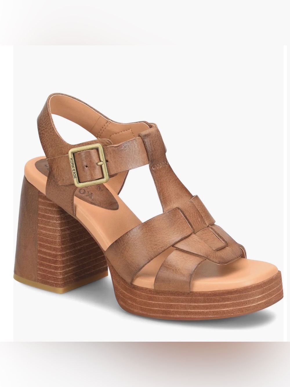 KORK-EASE LEATHER MACEY ANKLE STRAP SANDAL BLOCK HEEL WOMEN BROWN COLOR 10 M